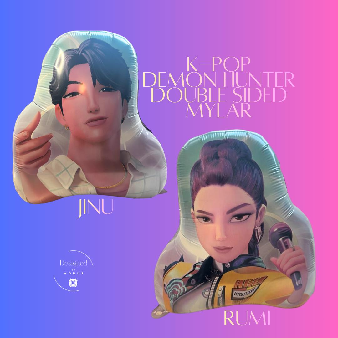 Double-sided K-Pop JINU character mylar balloon with pastel background — Designed by Modus