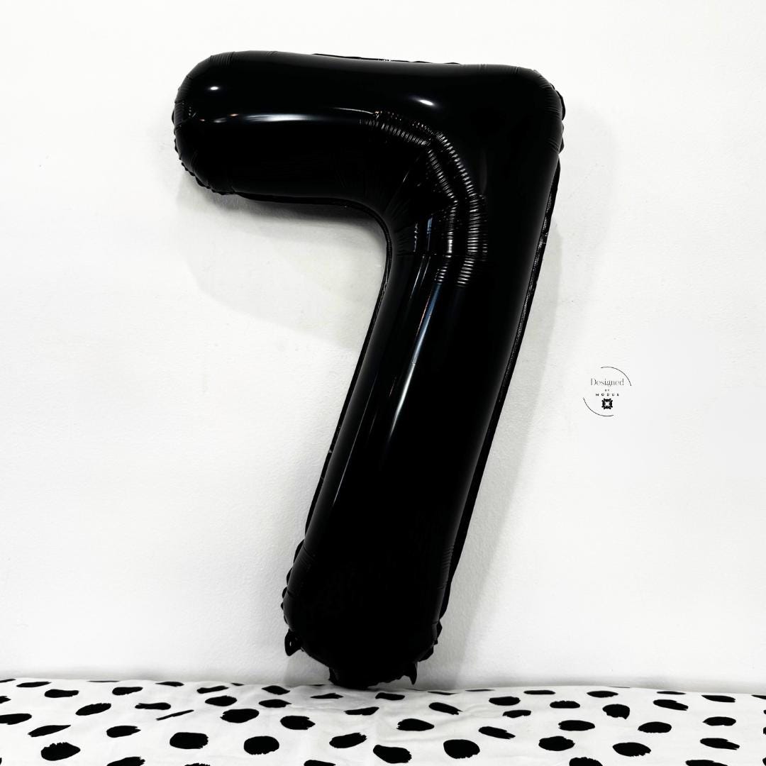 Shiny black number 7 foil balloon propped against minimalist white wall and dotted cloth.