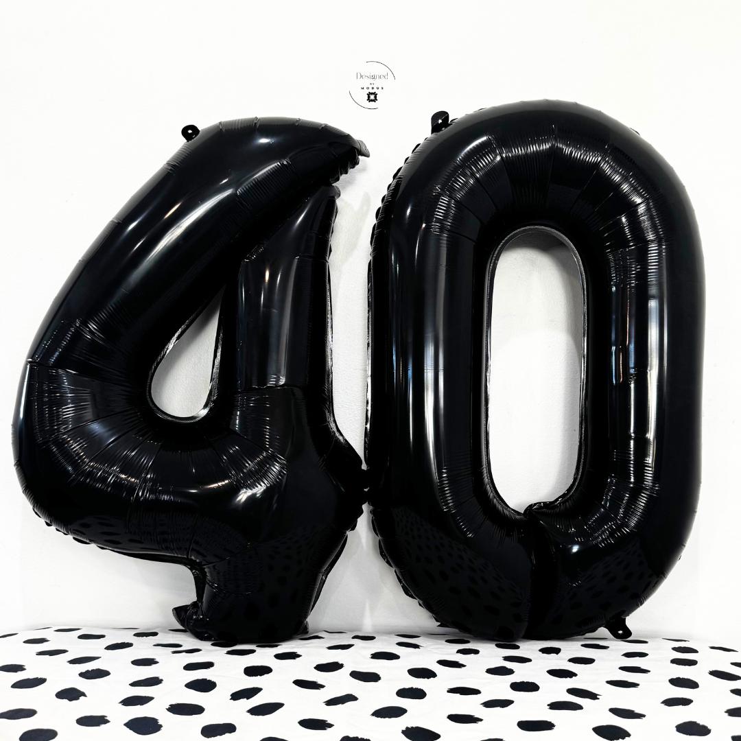Black number 4 and number 0 foil balloons together on white wall with dotted surface.