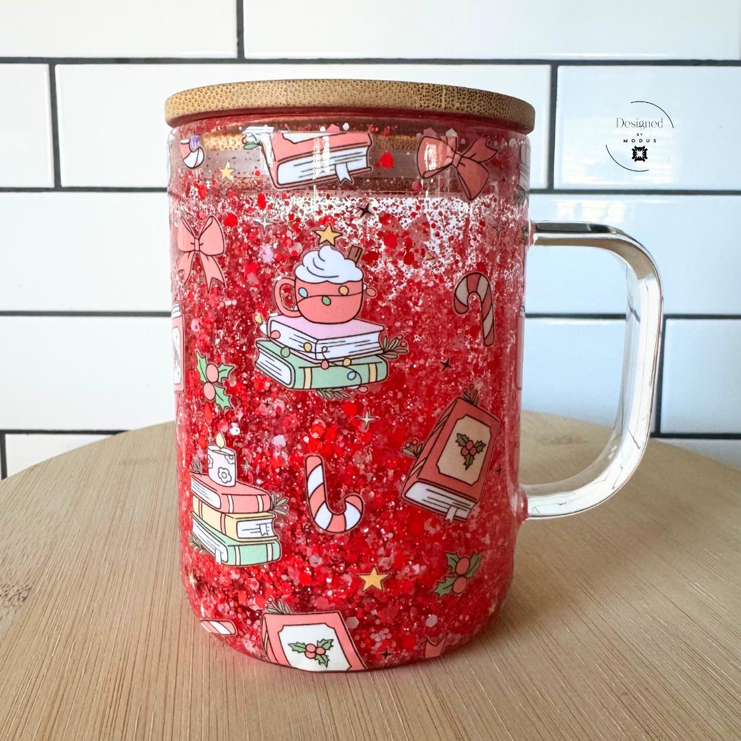 Back view of glitter cup featuring books, bows, and candy canes in a red sparkle finish