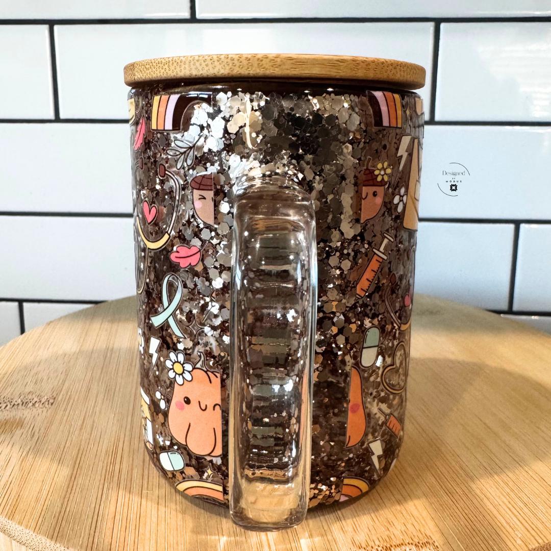 Handle view of double-walled glitter cup with floating silver stars.