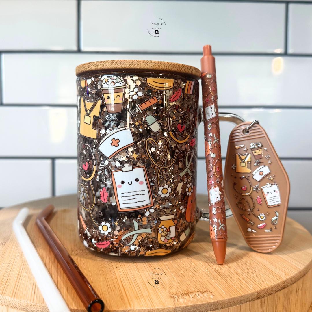 Nurse-themed glitter glass cup with bamboo lid, pen, and keychain on wood surface.