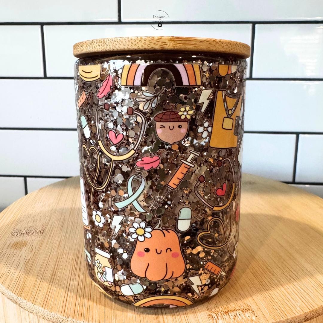 Back view showing pumpkin, coffee cup, and healthcare illustrations.