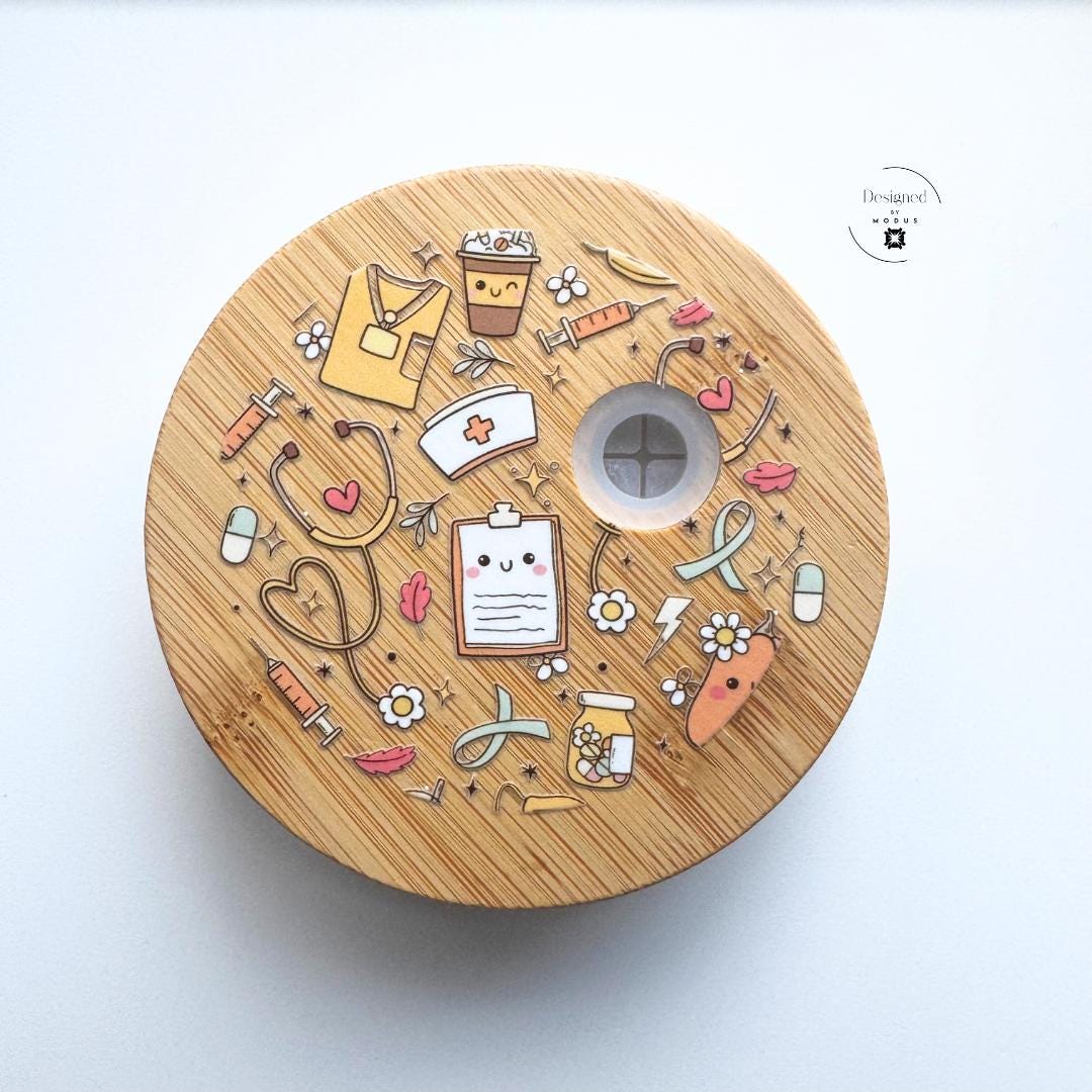 Top view of bamboo lid featuring cute medical illustrations.