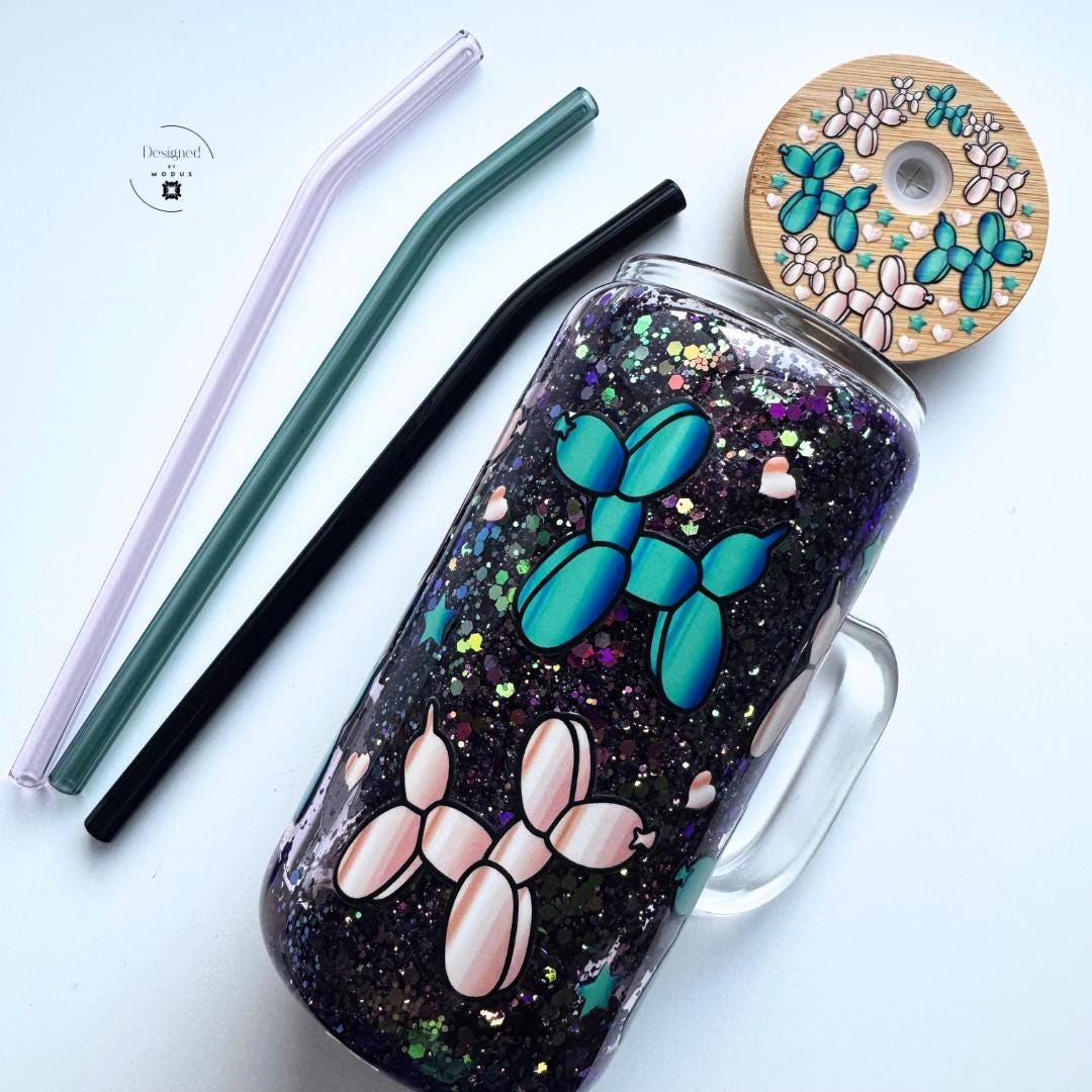 Balloon Dog Glitter Mug | Iridescent Snow globe Cup with Lid and Straws