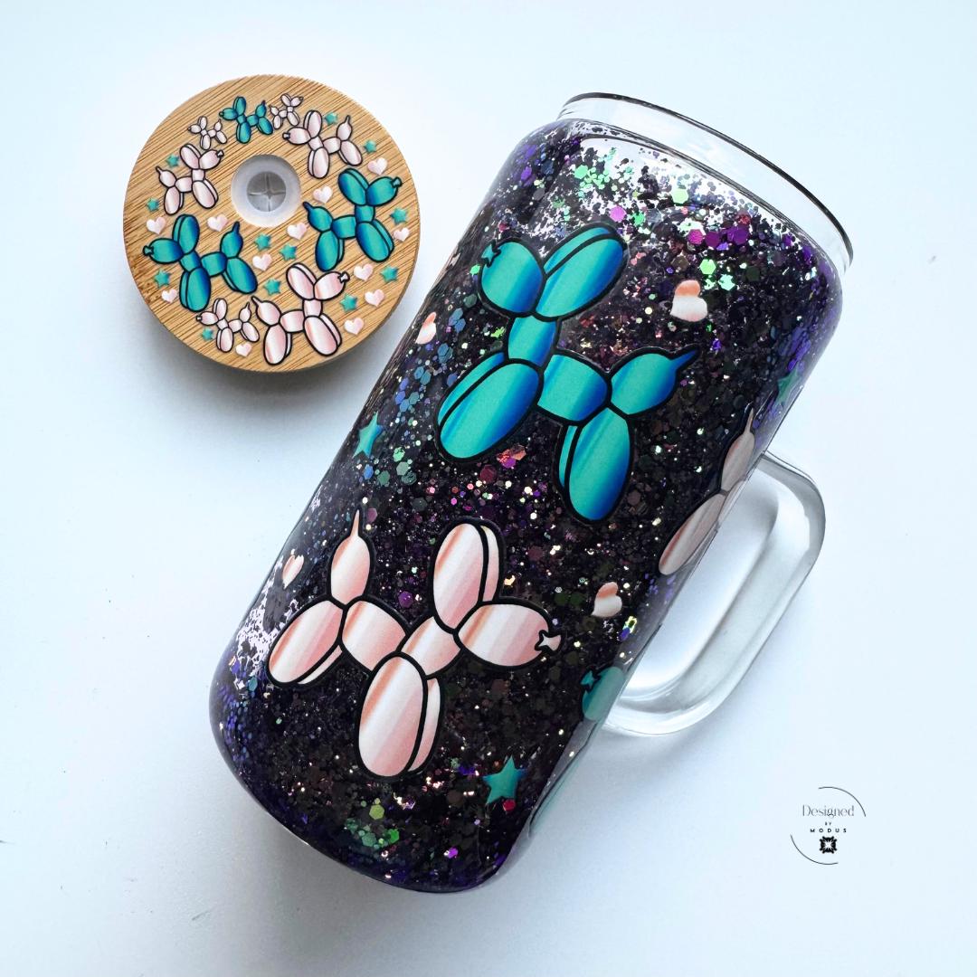 Side view showing full balloon-dog pattern with floating holographic stars.