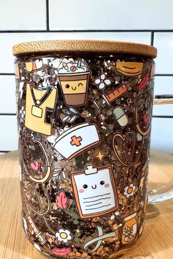 Nurse Life Glass Cup | Glitter Coffee Mug with Bamboo Lid | Medical Gift for Nurses | Cute Healthcare Drinkware | RN Appreciation Gift