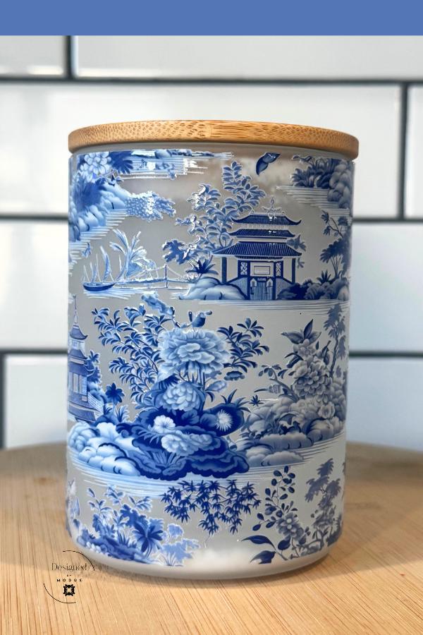 Blue Chinoiserie Frosted Glass Mug | Snowglobe Tumbler with Bamboo Lid