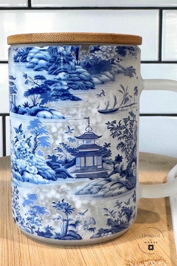 Blue Chinoiserie Snow Globe Mug | Frosted Glass Tumbler with Bamboo Lid