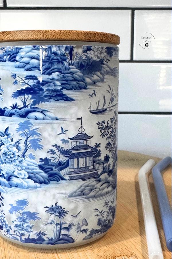 Blue Chinoiserie Snow Globe Mug | Frosted Glass Tumbler with Bamboo Lid