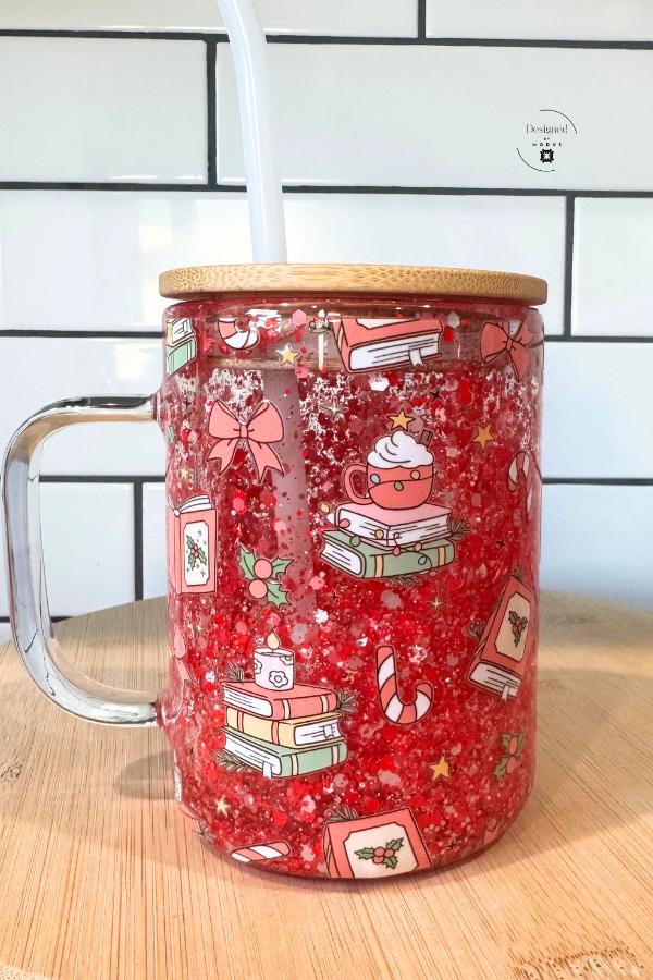 Christmas Glass Cup Red Glitter Mug | Holiday Book Lover Gift | Cozy Cocoa Tumbler with Bamboo Lid | Winter Reading Cup Gift Idea