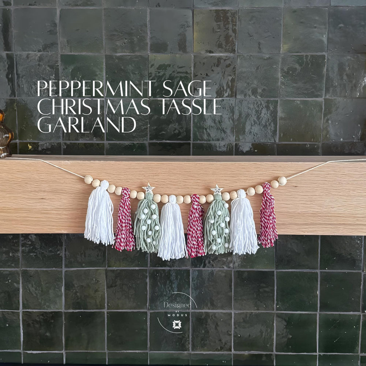 Peppermint Sage Christmas Tassel Garland Red White Yarn Banner Holiday Mantel Decor Christmas Tree Garland Wooden Bead Farmhouse Decorations