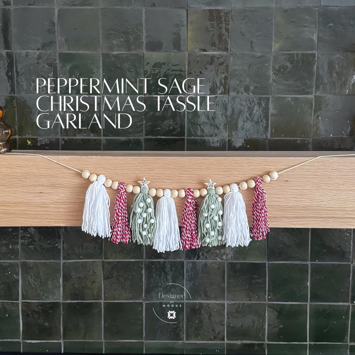 Peppermint Sage Christmas Tassel Garland Red White Yarn Banner Holiday Mantel Decor Christmas Tree Garland Wooden Bead Farmhouse Decorations