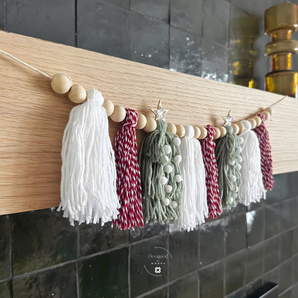Peppermint Sage Christmas Tassel Garland Red White Yarn Banner Holiday Mantel Decor Christmas Tree Garland Wooden Bead Farmhouse Decorations