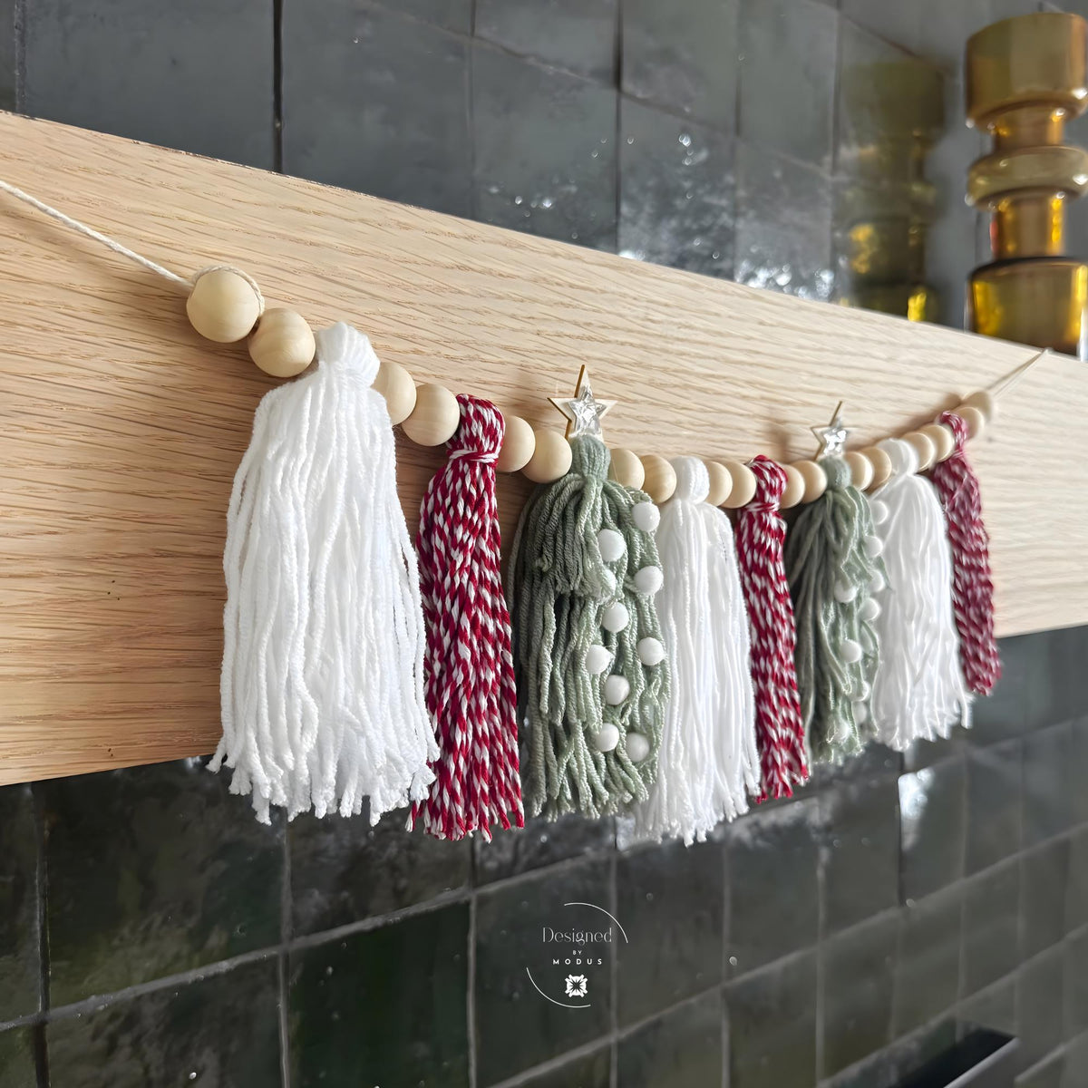 Pink and Sage Christmas Tassel Garland Holiday Mantel Decor Yarn Christmas Tree Banner Wooden Bead Garland Farmhouse Holiday Decorations