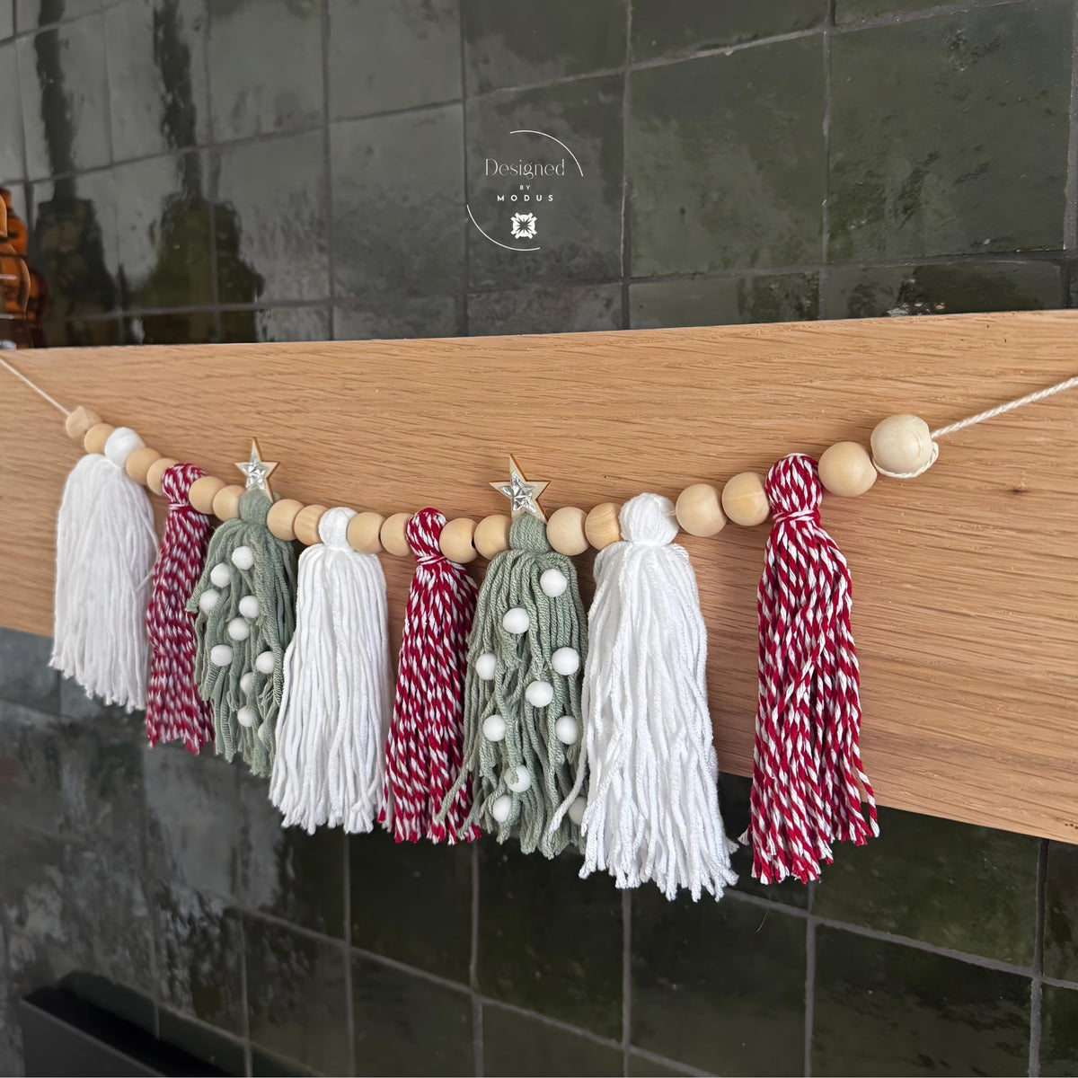 Pink and Sage Christmas Tassel Garland Holiday Mantel Decor Yarn Christmas Tree Banner Wooden Bead Garland Farmhouse Holiday Decorations