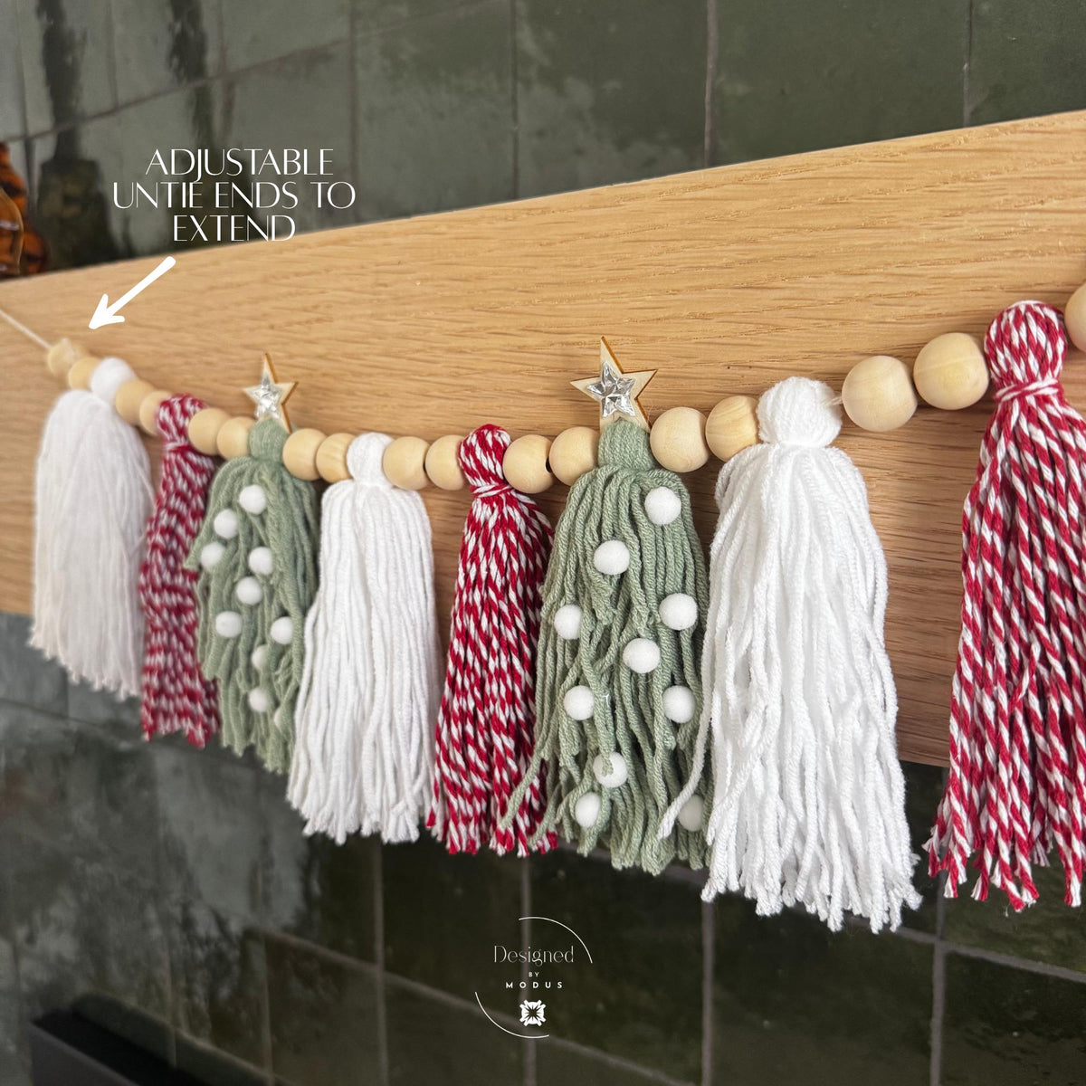 Pink and Sage Christmas Tassel Garland Holiday Mantel Decor Yarn Christmas Tree Banner Wooden Bead Garland Farmhouse Holiday Decorations