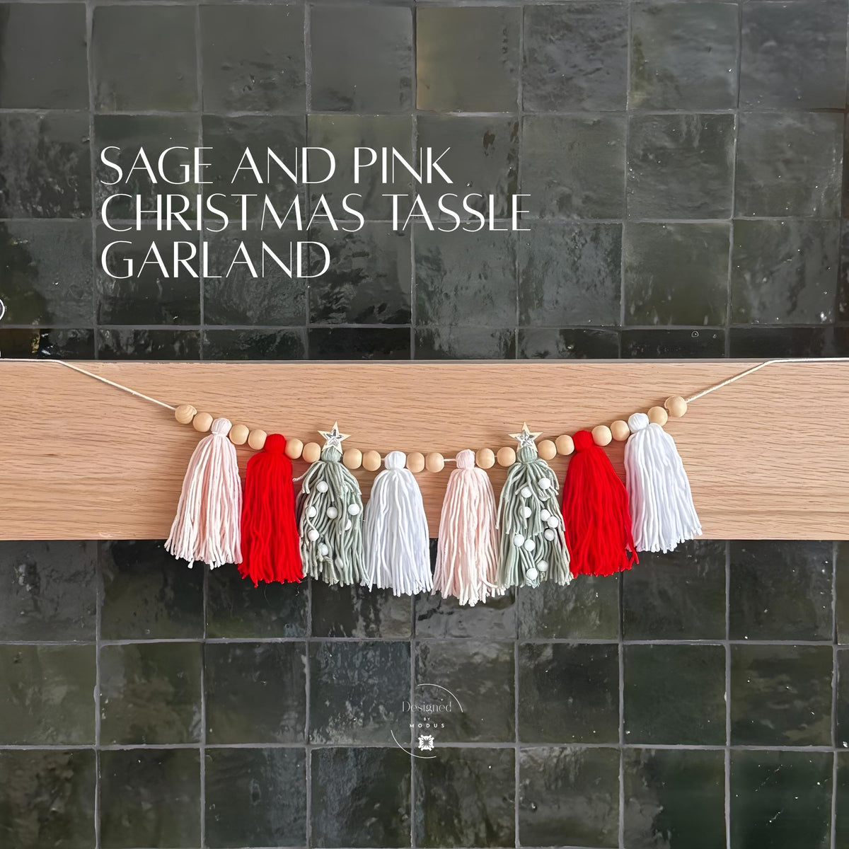 Peppermint Sage Christmas Tassel Garland Red White Yarn Banner Holiday Mantel Decor Christmas Tree Garland Wooden Bead Farmhouse Decorations