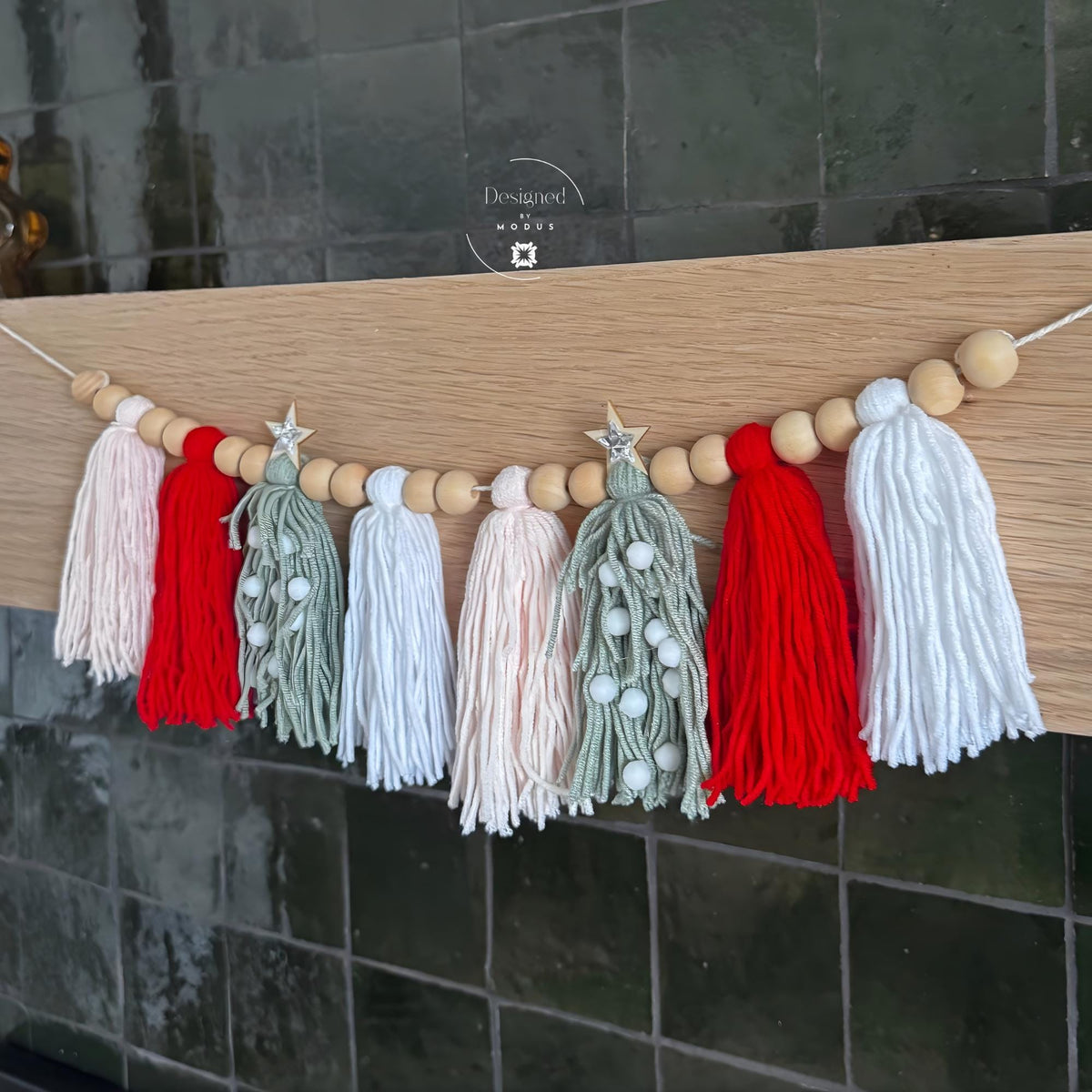 Peppermint Sage Christmas Tassel Garland Red White Yarn Banner Holiday Mantel Decor Christmas Tree Garland Wooden Bead Farmhouse Decorations