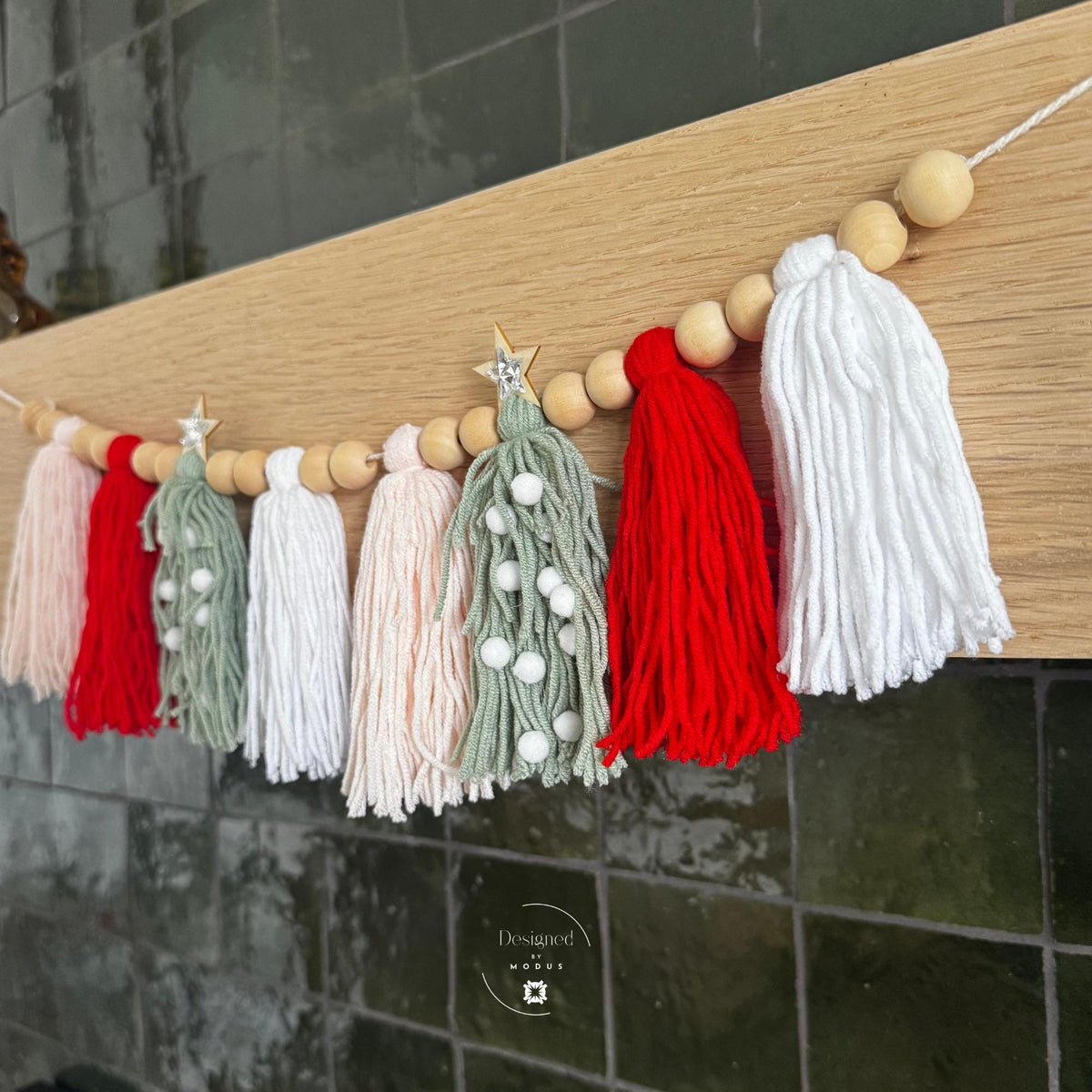 Pink and Sage Christmas Tassel Garland Holiday Mantel Decor Yarn Christmas Tree Banner Wooden Bead Garland Farmhouse Holiday Decorations