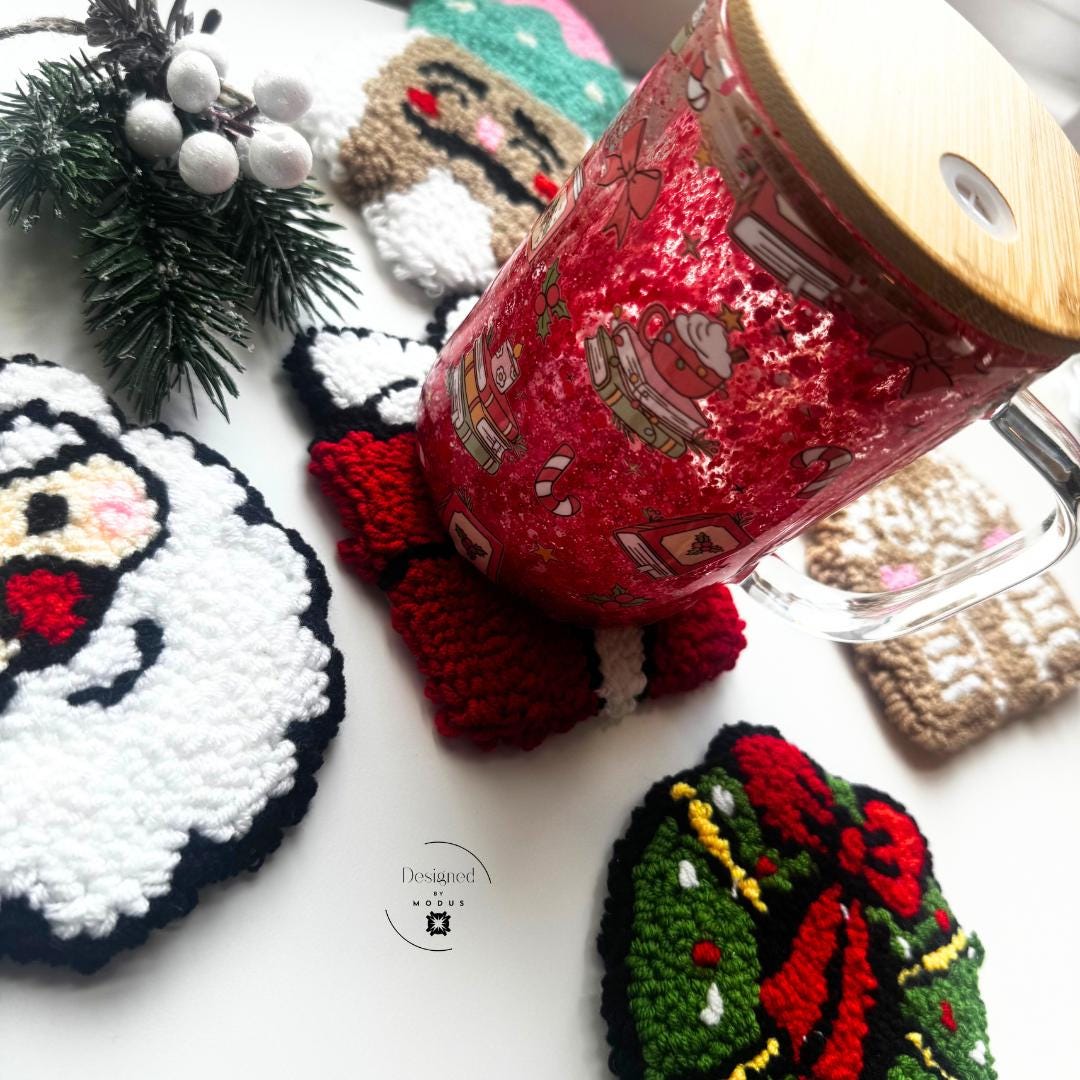 Five handmade punch-needle Christmas coasters — Santa, Wreath, Gift, Nutcracker, Gingerbread House