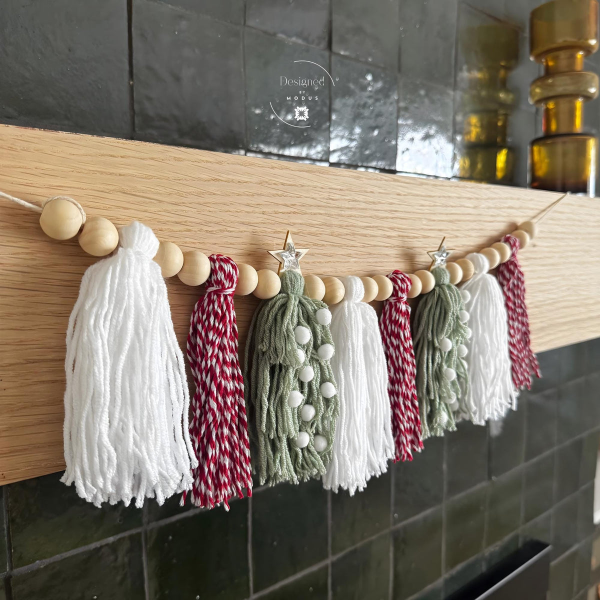 Pink and Sage Christmas Tassel Garland Holiday Mantel Decor Yarn Christmas Tree Banner Wooden Bead Garland Farmhouse Holiday Decorations