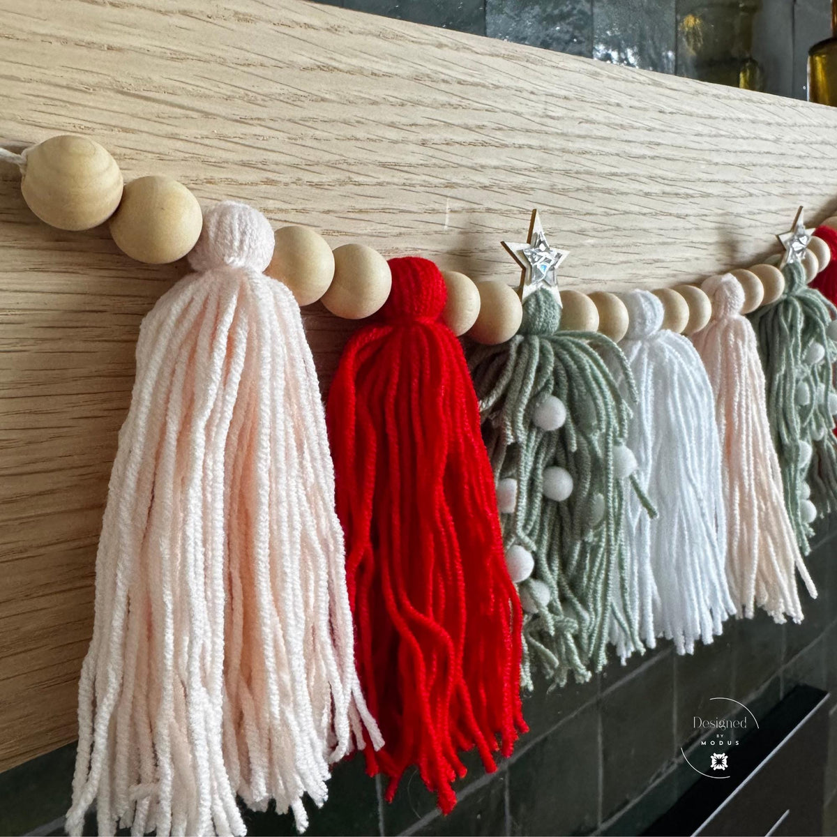 Peppermint Sage Christmas Tassel Garland Red White Yarn Banner Holiday Mantel Decor Christmas Tree Garland Wooden Bead Farmhouse Decorations