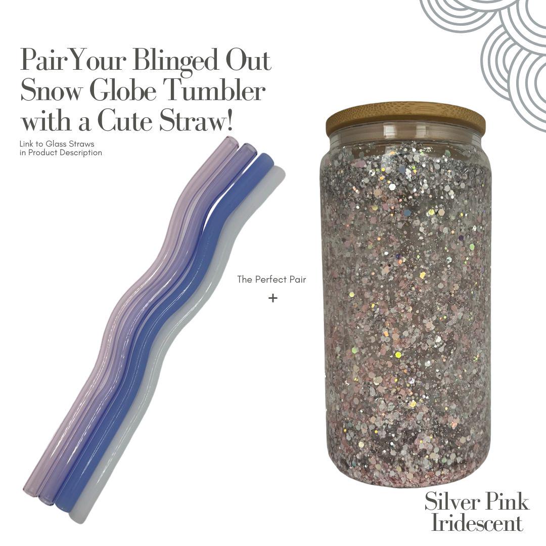 Close-up purple confetti liquid glitter mug with bamboo lid with wavy straw