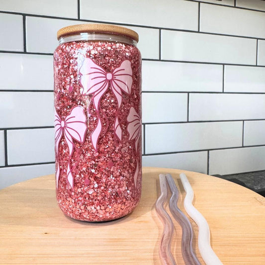 Pink Glitter Tumbler Snow Globe Cup Bow Design Aesthetic Girly Drink Cold Beverage Container Moving Chunky Sparkles Double Wall Glass Birthday Gift Idea Teen Girl Present Valentine Day Trendy Drinkware Reusable Straw Bamboo Lid Stylish