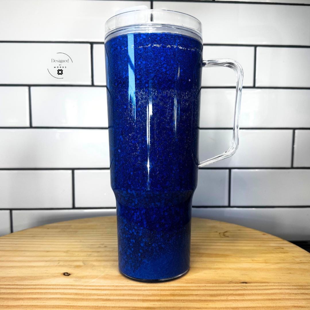 Blue Glitter Tumbler Snow Globe Coffee Cup Handle Design Travel Mug Sparkle Effect Aesthetic Drinkware Royal Blue Shaker Double Wall