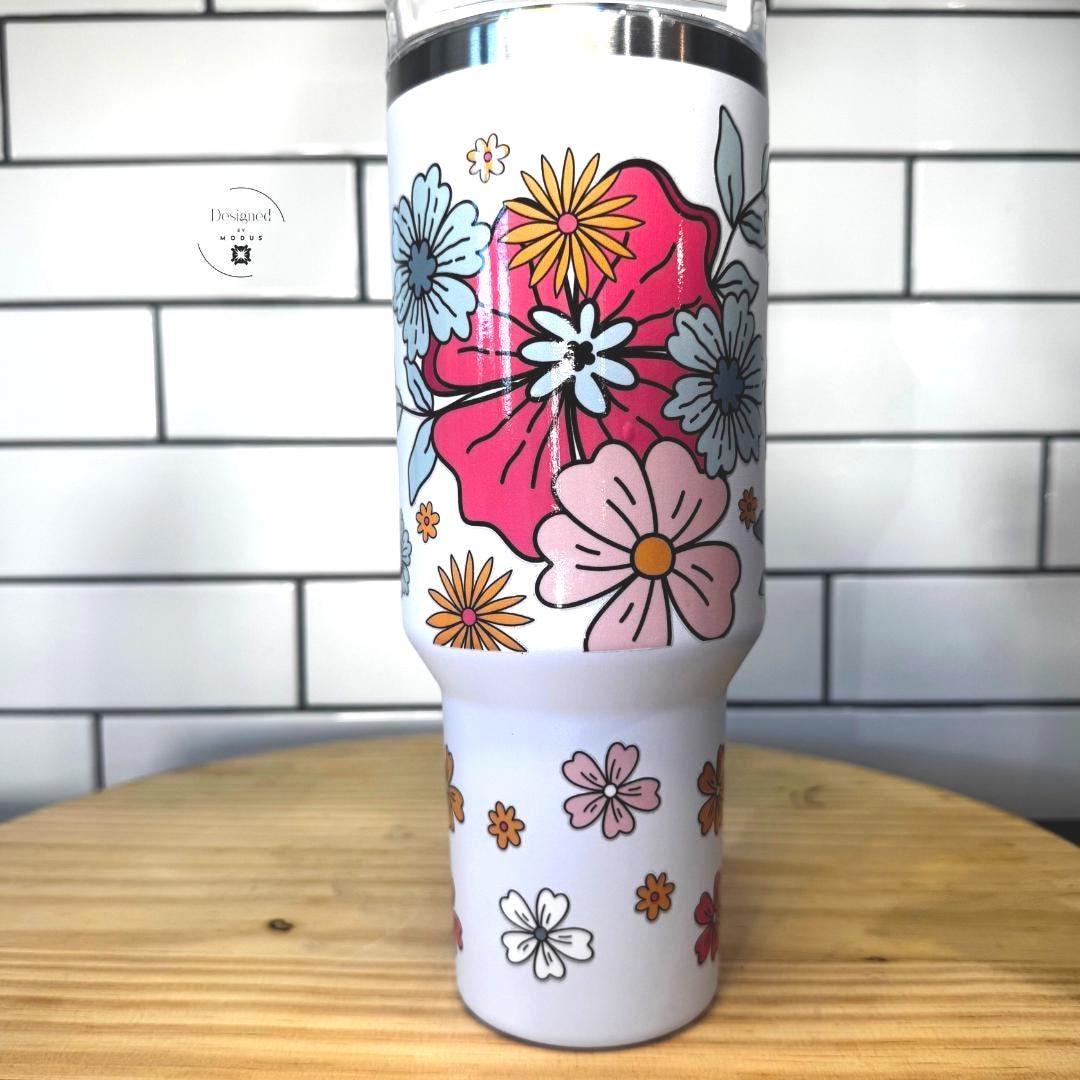 Floral Tumbler with Handle & Lid – Pastel Flower Cup, Butterfly Charm (40oz)