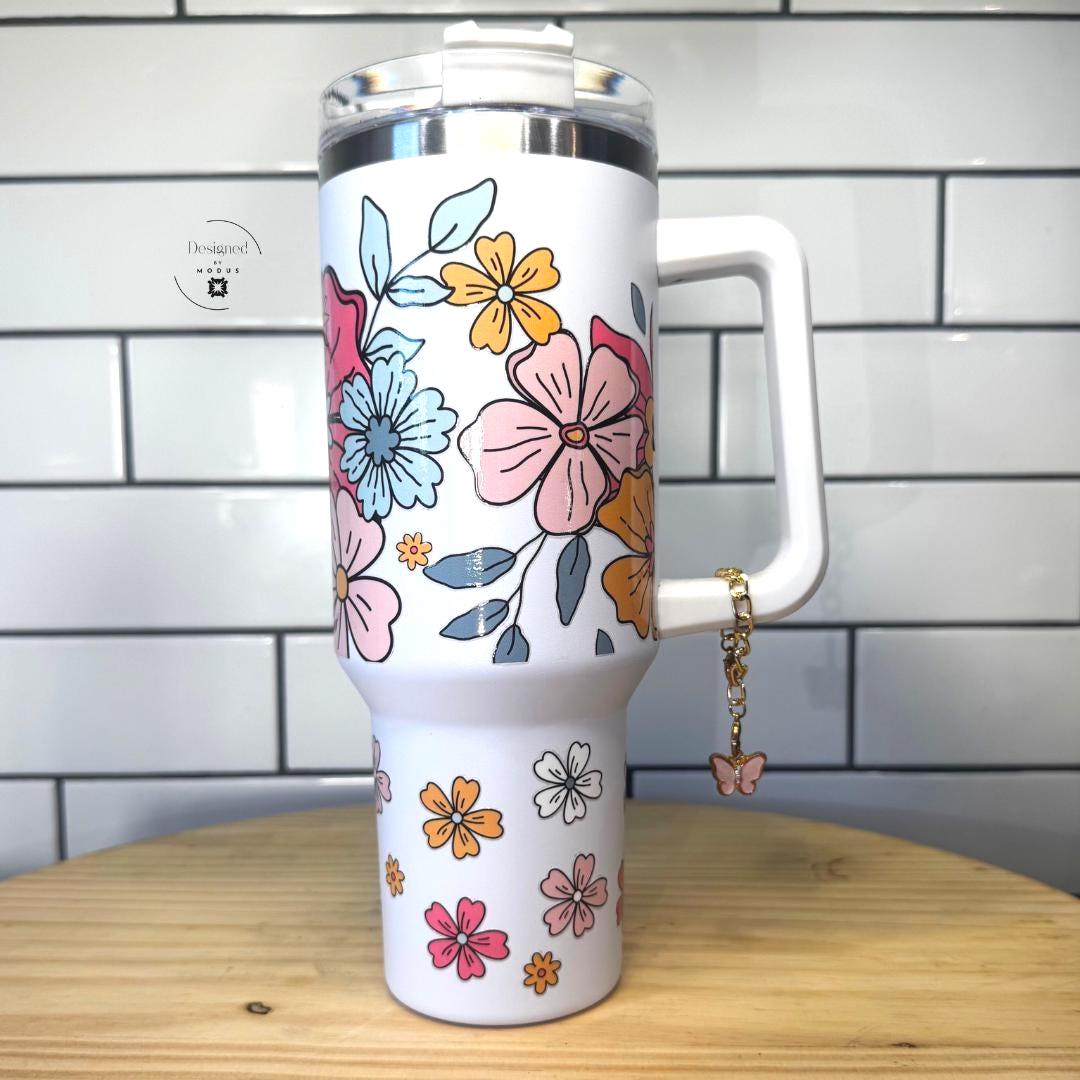 Floral Tumbler with Handle & Lid – Pastel Flower Cup, Butterfly Charm (40oz)