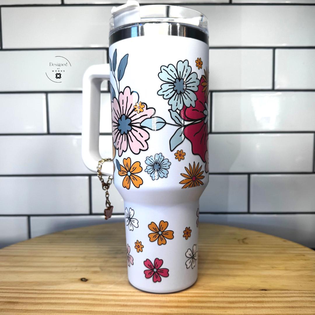 Floral Tumbler with Handle & Lid – Pastel Flower Cup, Butterfly Charm (40oz)