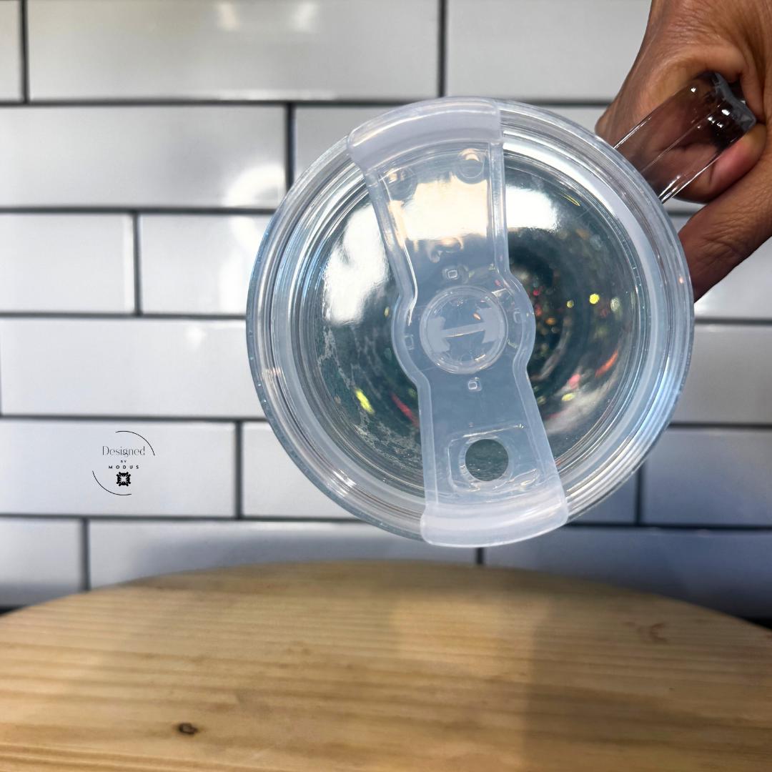 Top view of clear slide lid on nurse glitter tumbler.