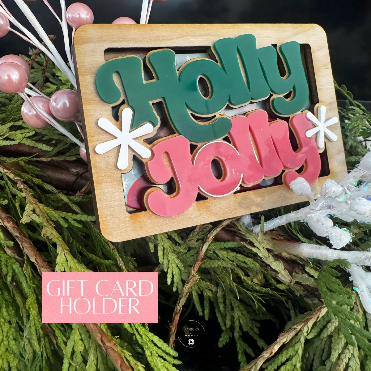 Front view of Holly Jolly layered wooden gift card holder in Christmas decor.