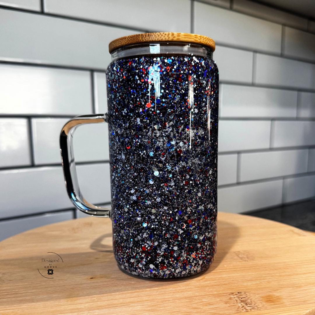 Patriotic glitter glass mug with handle, double wall