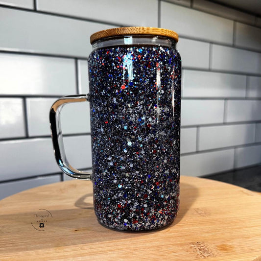 Patriotic glitter glass mug with handle, double wall