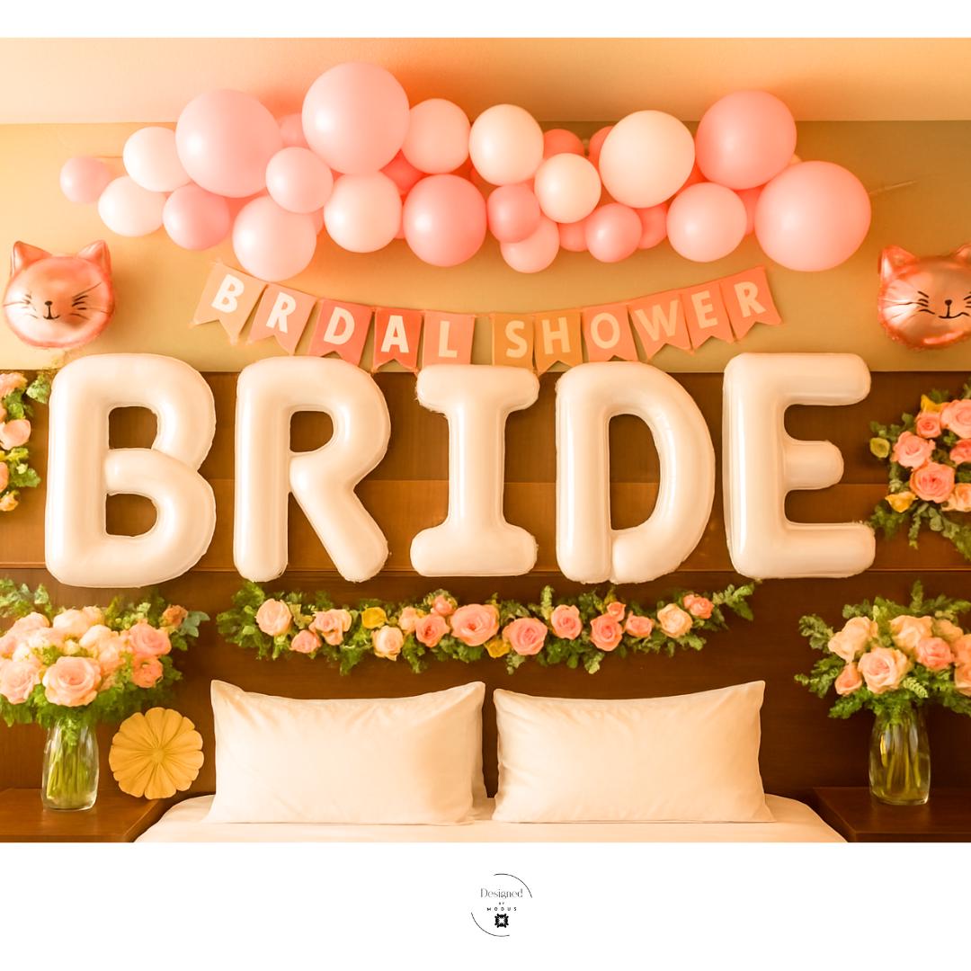 Large BRIDE balloons with balloon garland and bridal shower banner