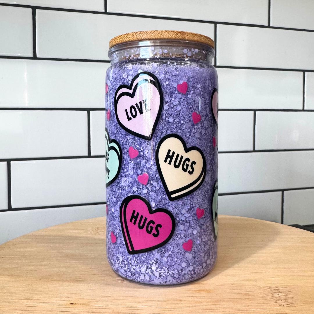 Iced coffee plastic cup with Love and Hugs pastel heart decals