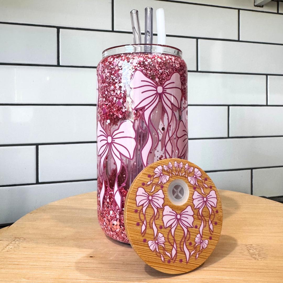 Chunky Glitter Tumbler Insulated Glass Cup Design Bow Aesthetic Desk Bamboo Lid Drinkware Gift Birthday Present Valentine Day Drinking