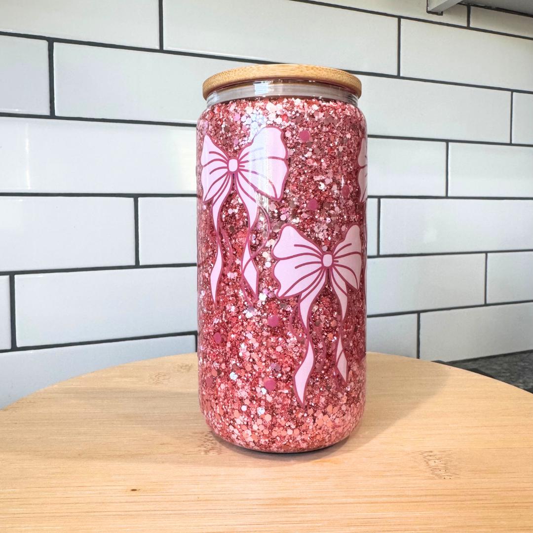 Bow Design Tumbler Pink Glitter Cup Snow Globe Feature Girly Aesthetic Drinkware Double Wall Glass Construction Moving Sparkles Container Cold Drink Holder Iced Coffee Cup Bamboo Lid Included Reusable Straw Accessory Teen Girl Present