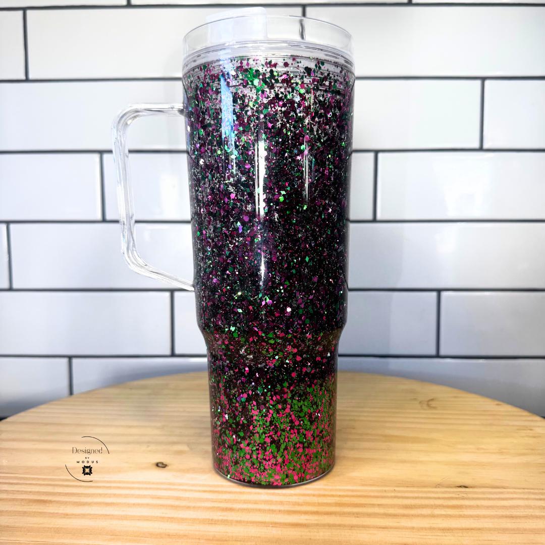 Glitter Snow Globe Tumbler Holographic Cup Sparkle Aesthetic Drinkware Clear Handle Slide Lid Design 40oz Capacity Hot Pink Green Glitter Floating Effect Eye Catching Statement Piece Unique Travel Mug Bold Striking Appearance Perfect Gift