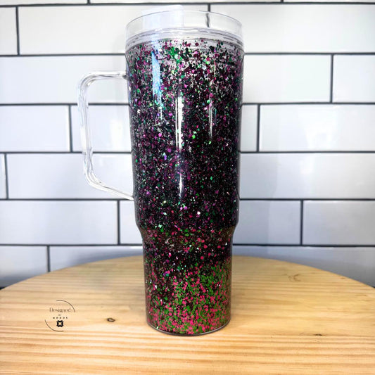 Glitter Snow Globe Tumbler Holographic Cup Sparkle Aesthetic Drinkware Clear Handle Slide Lid Design 40oz Capacity Hot Pink Green Glitter Floating Effect Eye Catching Statement Piece Unique Travel Mug Bold Striking Appearance Perfect Gift