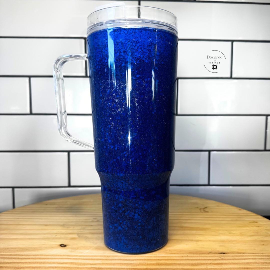 Blue Glitter Tumbler Snow Globe Coffee Cup Handle Design Travel Mug Sparkle Effect Aesthetic Drinkware Royal Blue Shaker Double Wall