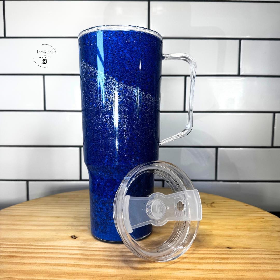 Blue Glitter Tumbler Snow Globe Coffee Cup Handle Design Travel Mug Sparkle Effect Aesthetic Drinkware Royal Blue Shaker Double Wall