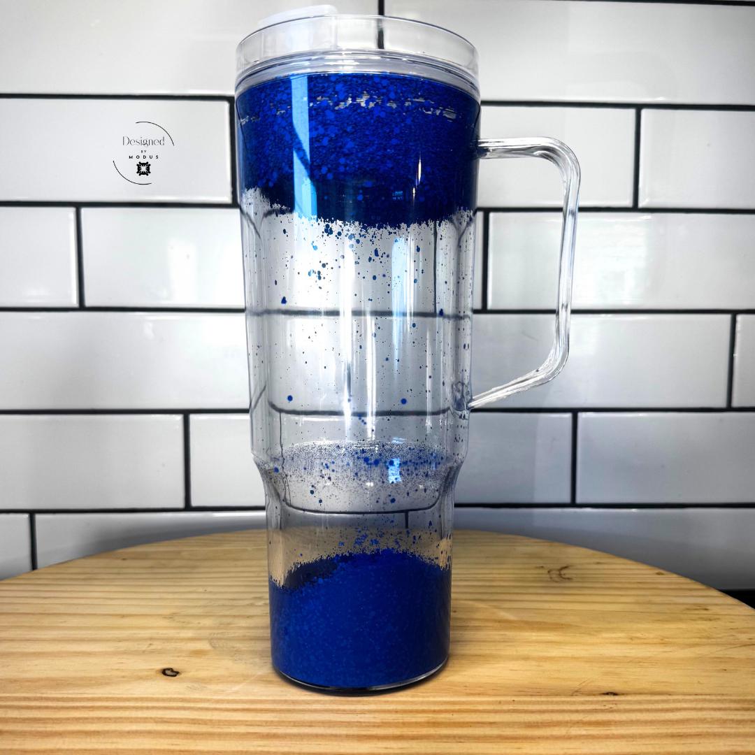 Blue Glitter Tumbler Snow Globe Coffee Cup Handle Design Travel Mug Sparkle Effect Aesthetic Drinkware Royal Blue Shaker Double Wall