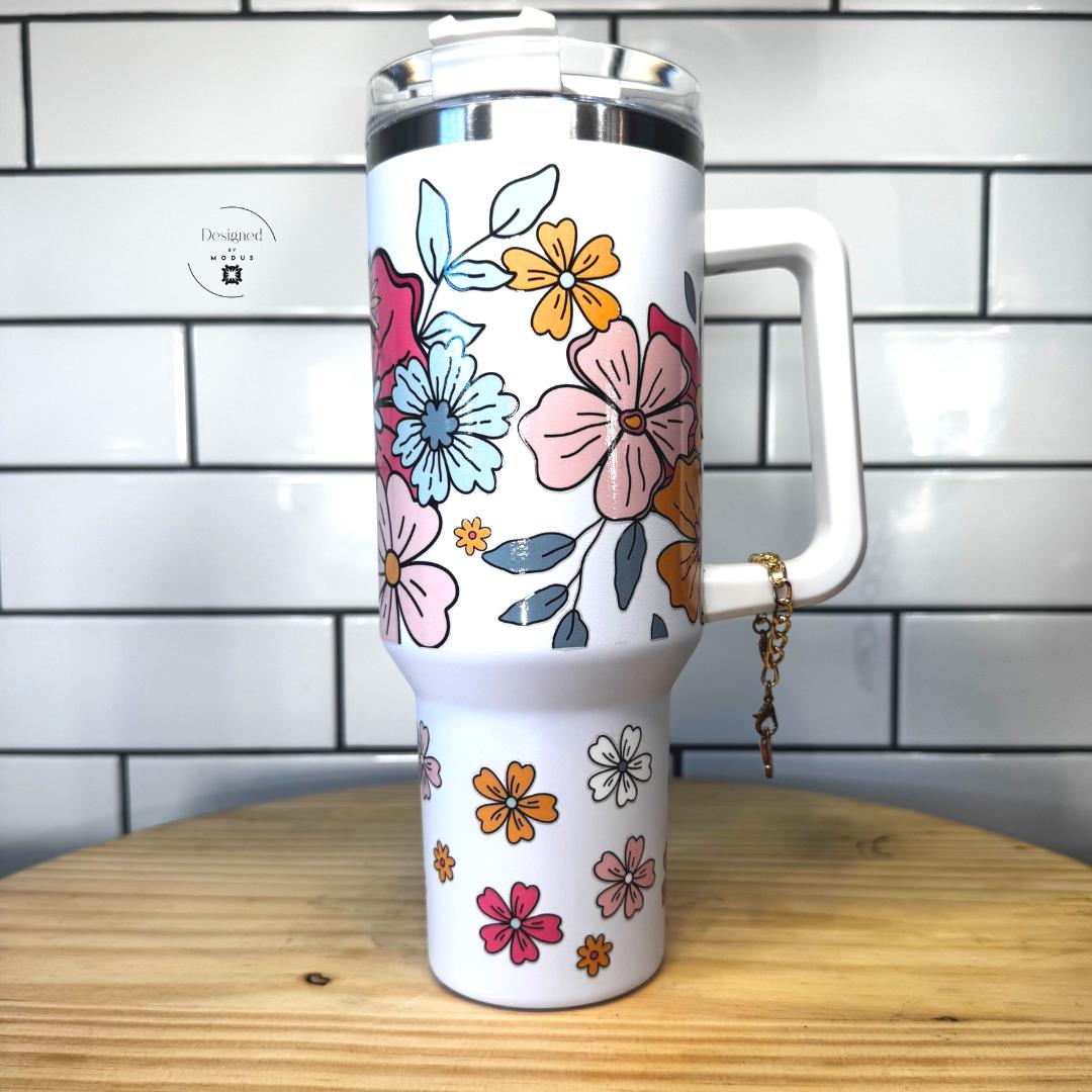 Floral Tumbler with Handle & Lid – Pastel Flower Cup, Butterfly Charm (40oz)