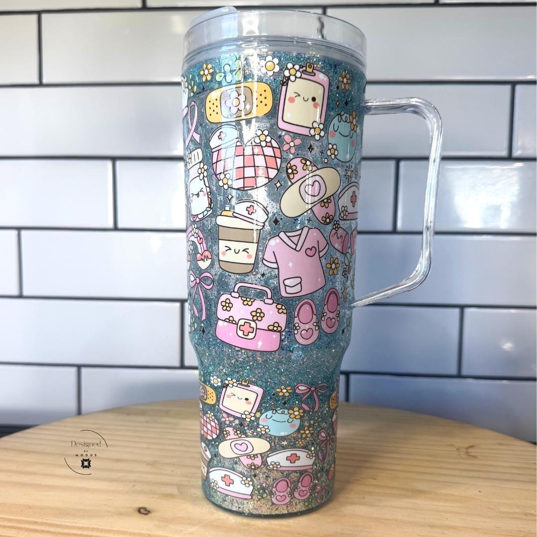 Side view of glitter nurse tumbler showing pink and pastel medical illustrations.