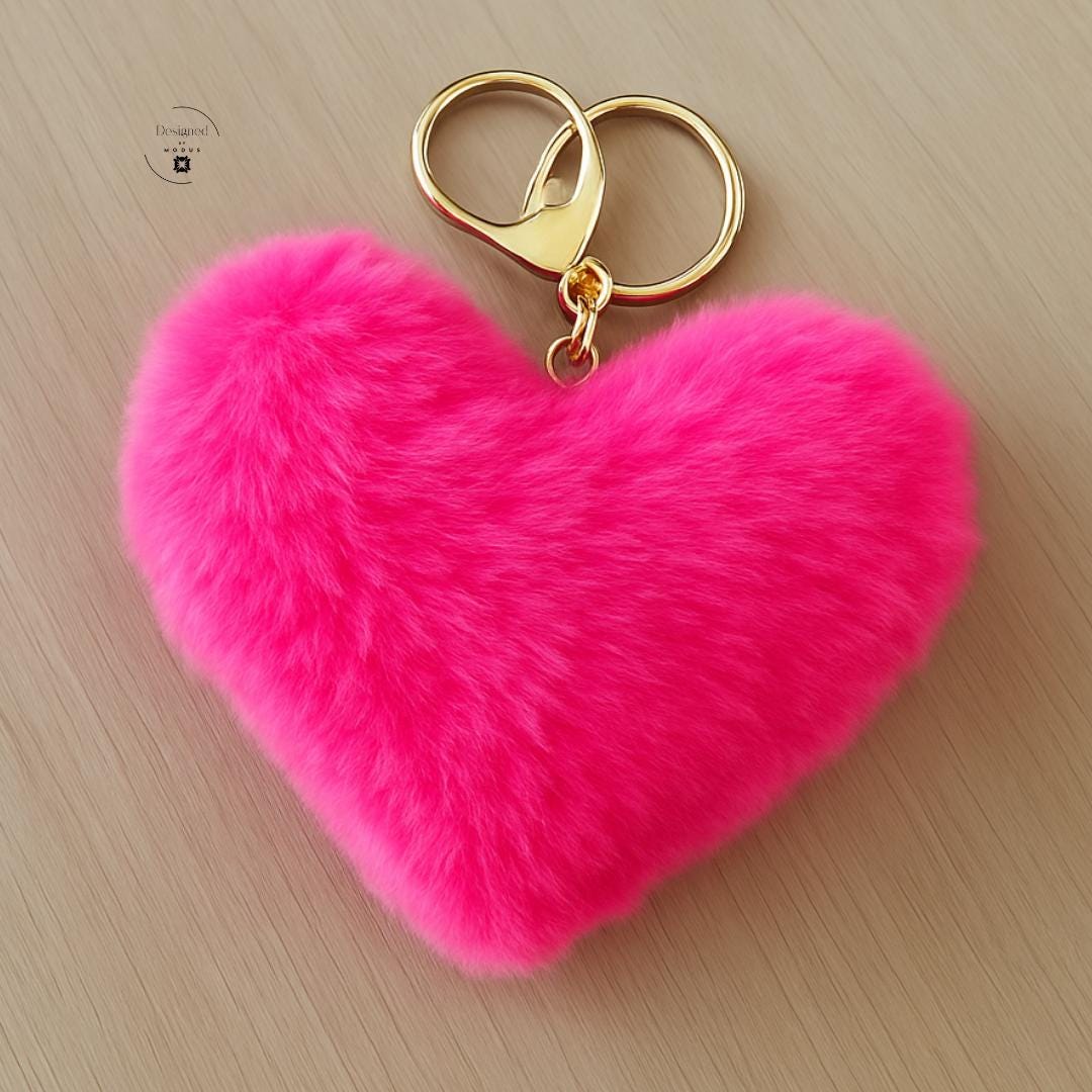 Hot pink plush heart keychain close up texture
