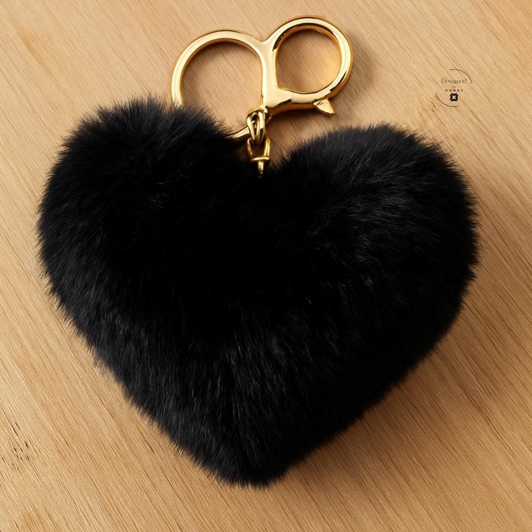 Black plush heart keychain with gold hardware